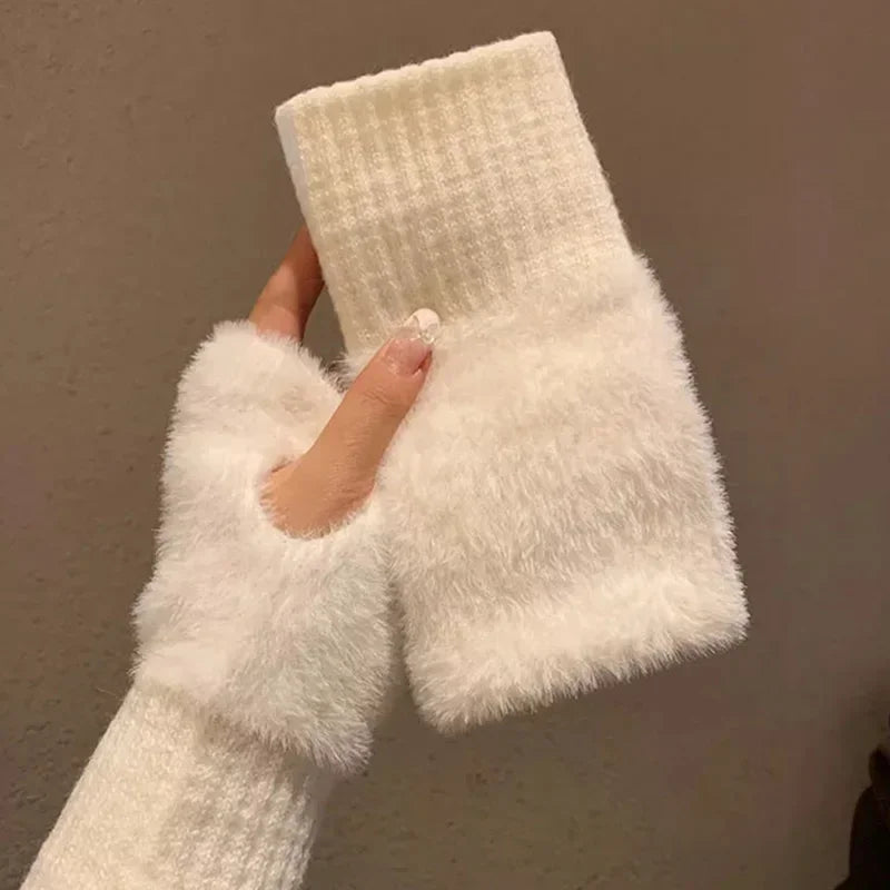 Plush Mink Fleece Fingerless Winter Gloves