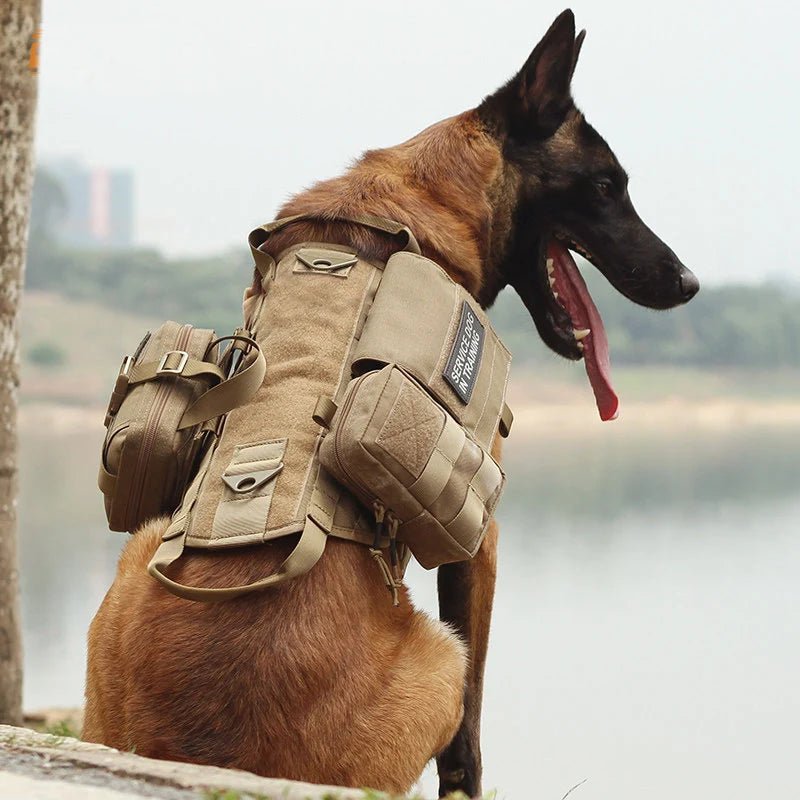 Military Dog Harness with Pocket Bag Pet Training Vest Soft Collar Adjustable - Small Medium Large Dogs