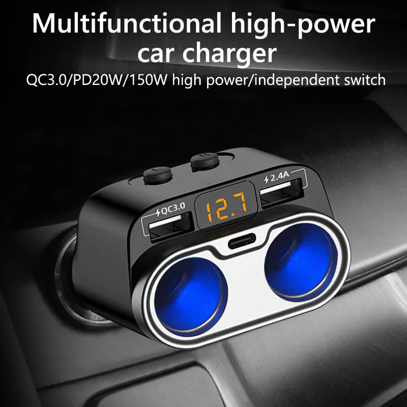 Car Charger Splitter QC3.0 Dual USB PD20W with Switch & Voltmeter