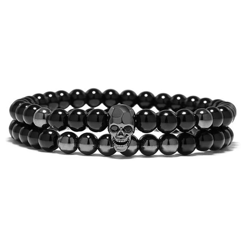 Black Energy Skull Charm Bracelet Set – Natural Stone Beads