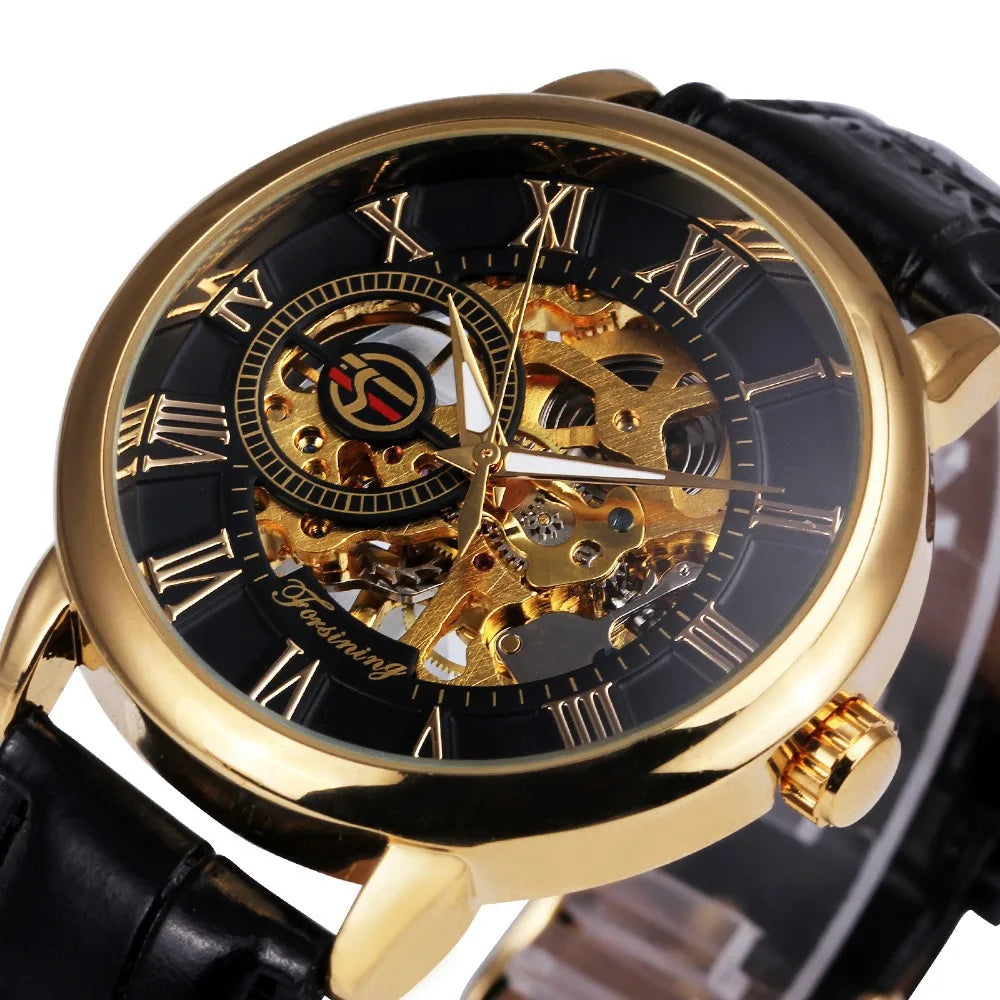 Forsining  Engraving Black Gold Case Leather Skeleton Mechanical Business Watches Men