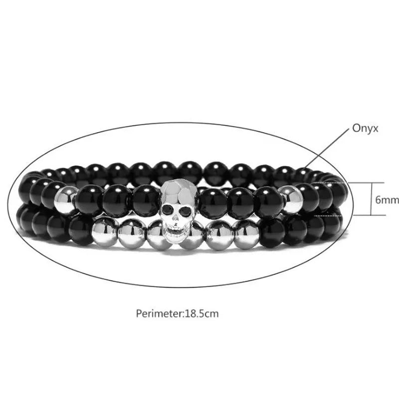 Black Energy Skull Charm Bracelet Set – Natural Stone Beads