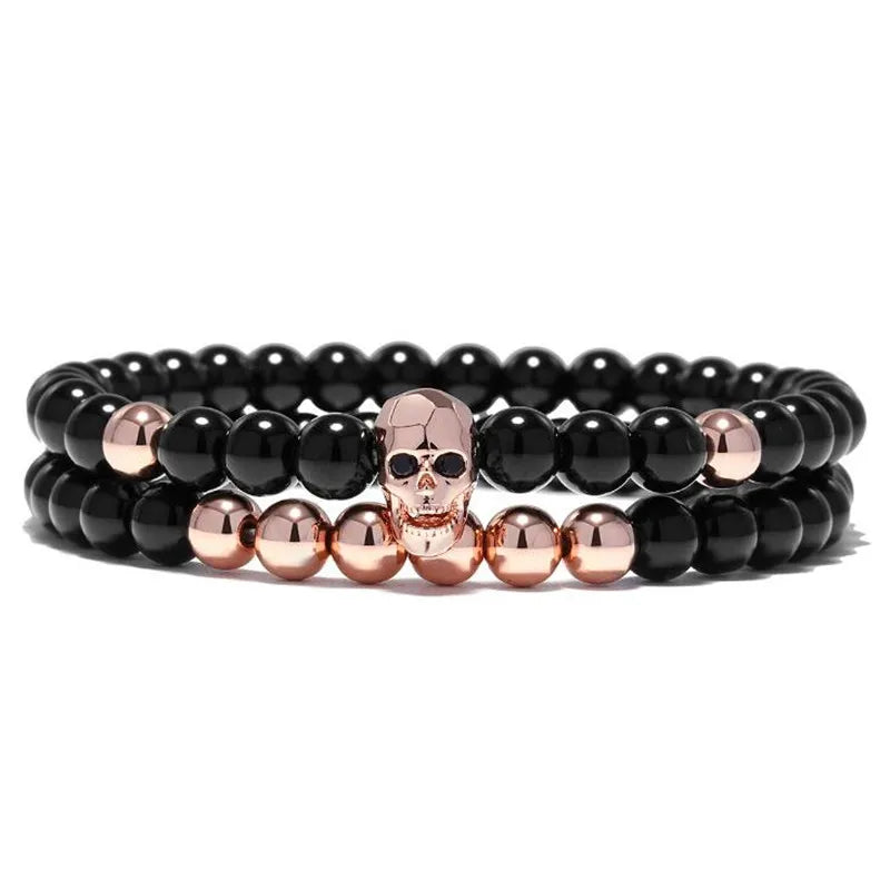 Black Energy Skull Charm Bracelet Set – Natural Stone Beads