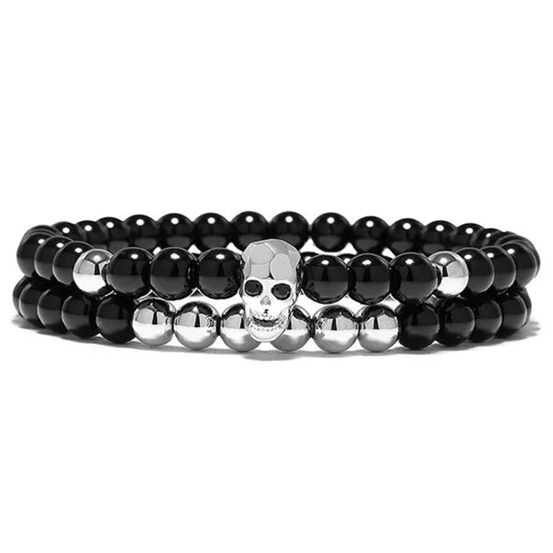 Black Energy Skull Charm Bracelet Set – Natural Stone Beads