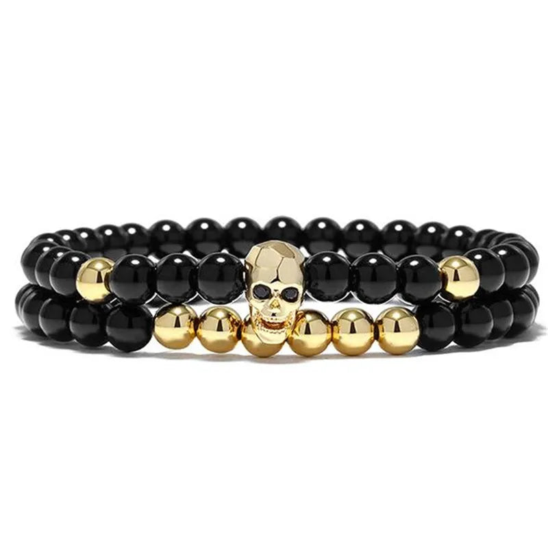 Black Energy Skull Charm Bracelet Set – Natural Stone Beads