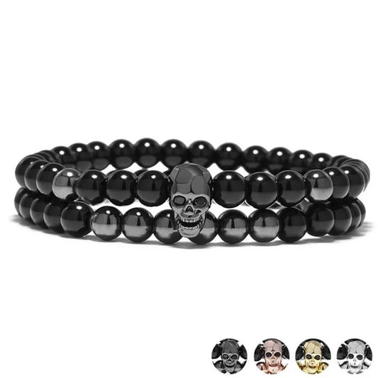 Black Energy Skull Charm Bracelet Set – Natural Stone Beads