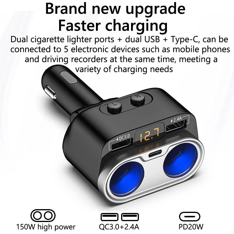 Car Charger Splitter QC3.0 Dual USB PD20W with Switch & Voltmeter