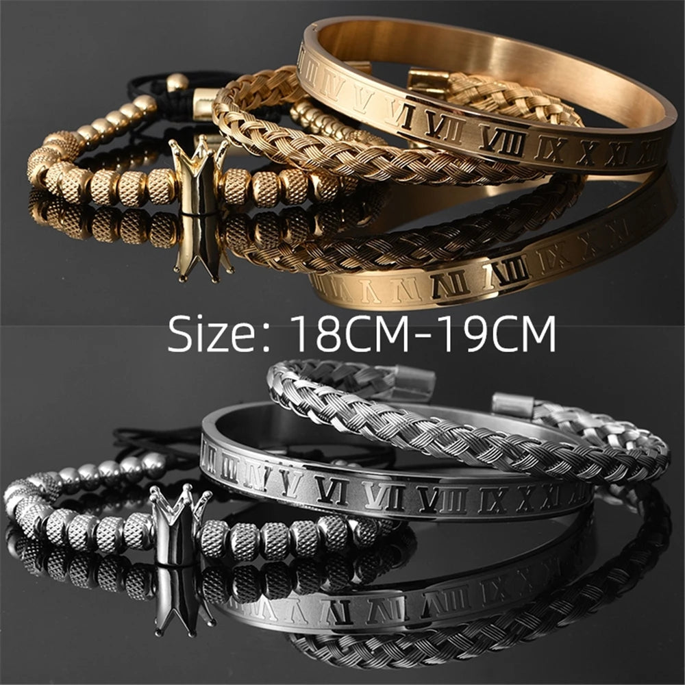 Stainless Steel Handmade Crown Bead Bracelet Set (3-Piece) for Men and Women