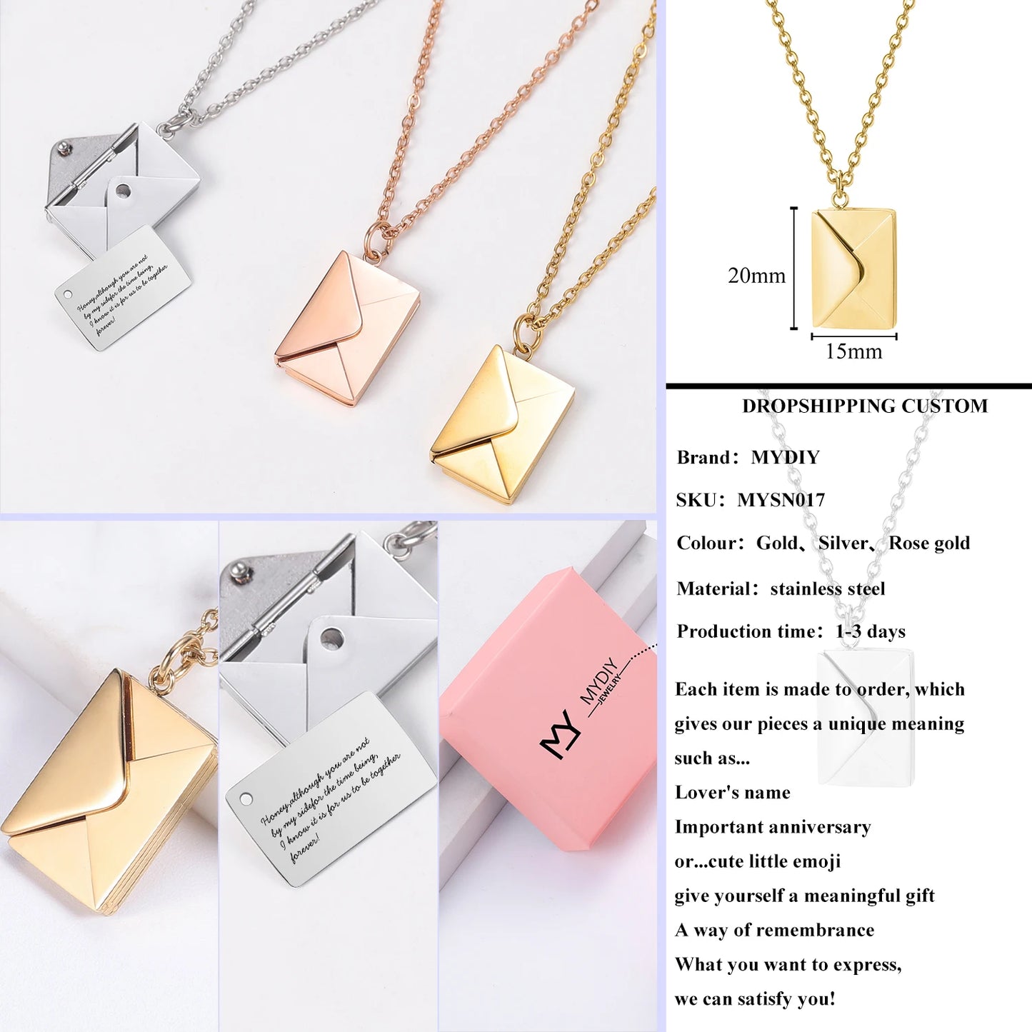 Stainless Steel Love Letter Envelope Pendant Necklace