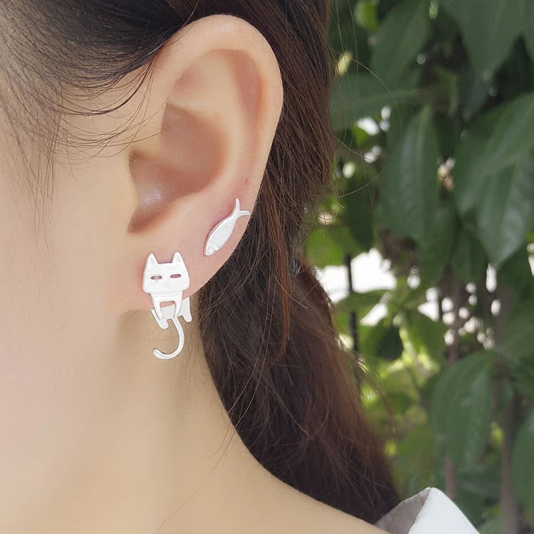 Hypoallergenic Sterling Silver Cat Fish Stud Earrings