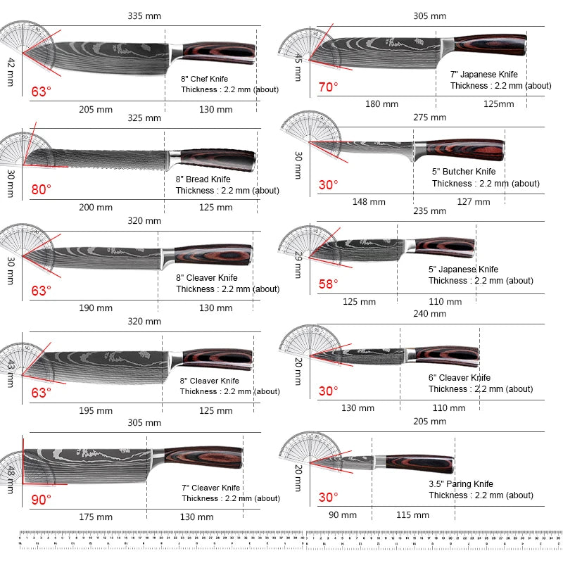 Sharp Kitchen Knives Set: Cleaver, Boning, Meat, Fish, Fruit & Bread Knife