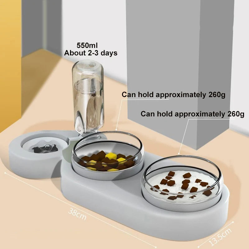 Cat Bowl Pet Feeder with Large Diameter and Integrated Drinking Fountain