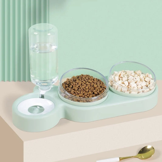 Cat Bowl Pet Feeder with Large Diameter and Integrated Drinking Fountain