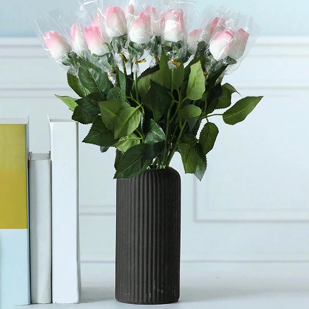 Decorative Striped Ceramic-Like Plastic Vase for Flowers