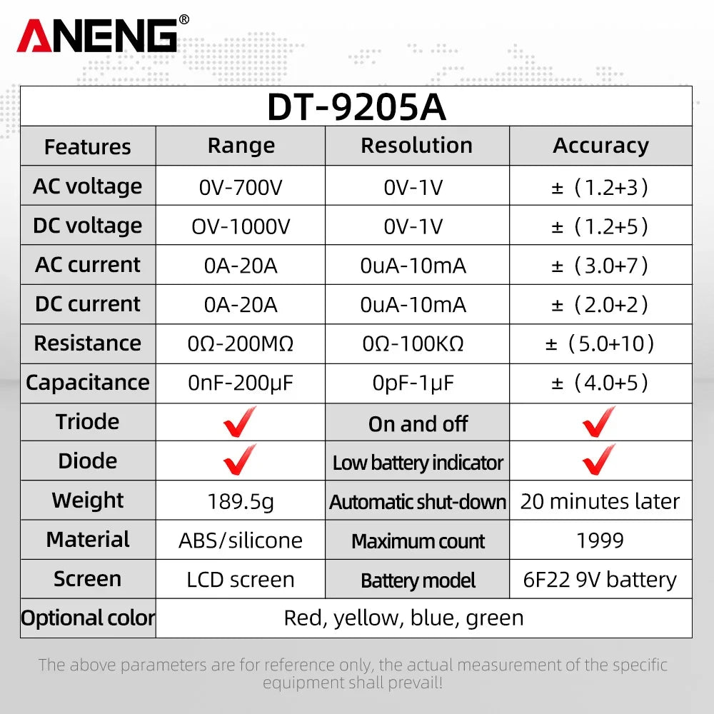 ANENG DT9205A Digital Multimeter AC/DC Transistor Tester Electrical