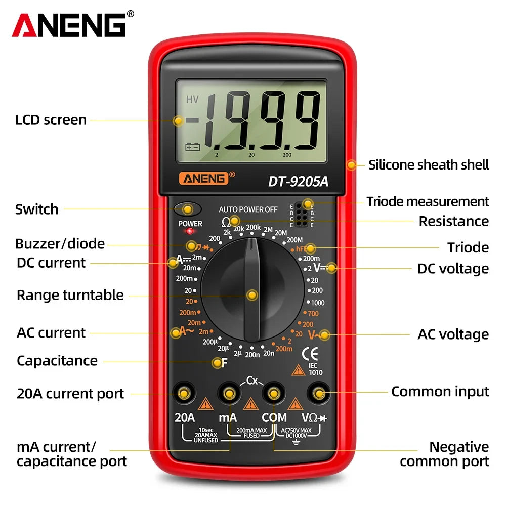 ANENG DT9205A Digital Multimeter AC/DC Transistor Tester Electrical